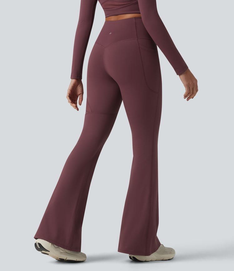 High Waisted Tummy Control Breathable Mesh Flare Casual Leggings with Pocket