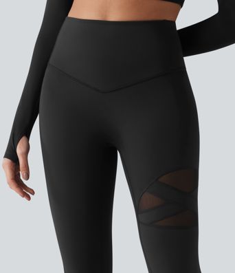 Leggings casual de cintura alta con control del abdomen, malla transpirable, pernera acampanada y bolsillo Leggings casual de cintura alta con control del abdomen, malla transpirable, pernera acampanada y bolsillo