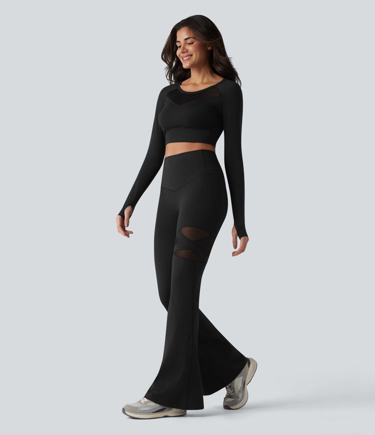 Leggings casual de cintura alta con control del abdomen, malla transpirable, pernera acampanada y bolsillo Leggings casual de cintura alta con control del abdomen, malla transpirable, pernera acampanada y bolsillo
