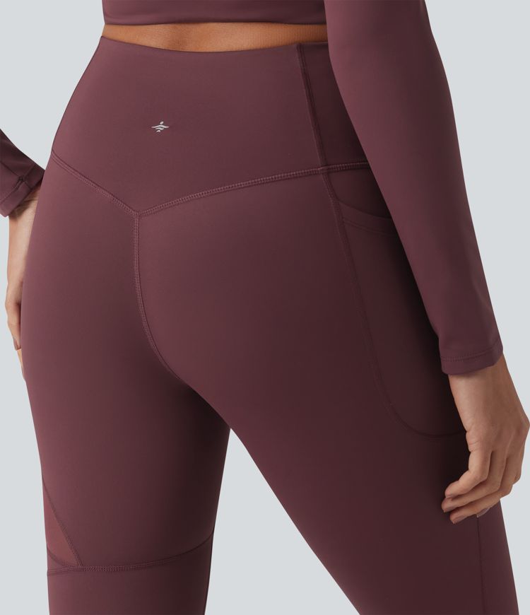 High Waisted Tummy Control Breathable Mesh Flare Casual Leggings with Pocket