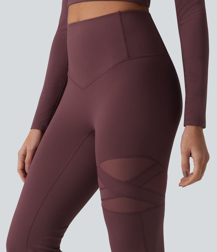 High Waisted Tummy Control Breathable Mesh Flare Casual Leggings with Pocket