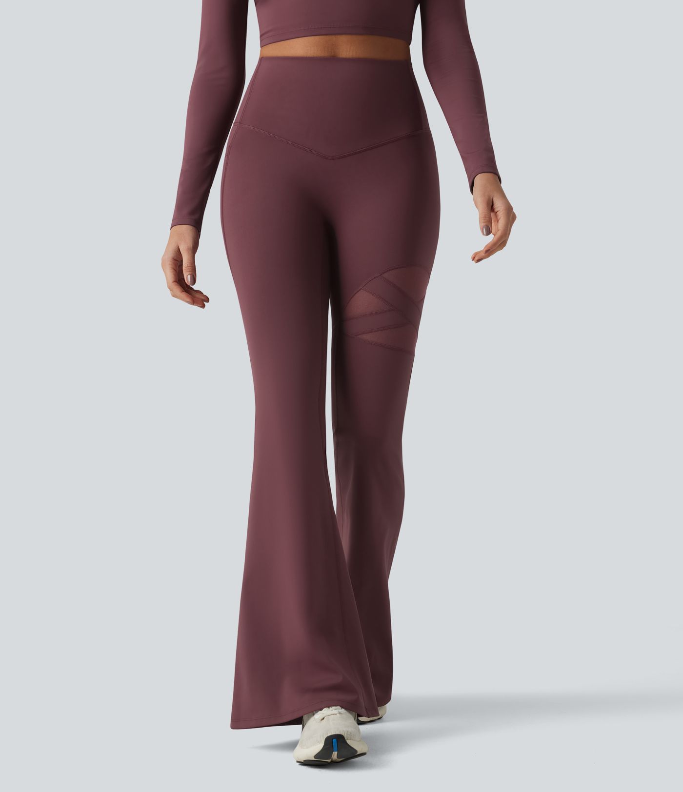 High Waisted Tummy Control Breathable Mesh Flare Casual Leggings with Pocket