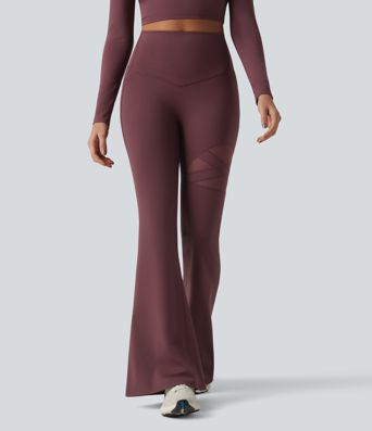 High Waisted Tummy Control Breathable Mesh Flare Casual Leggings with Pocket