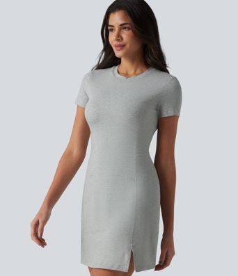 Halara Cotton Jersey - Lässiges Minikleid aus Baumwolle mit Rundhalsausschnitt, kurzen Ärmeln und integriertem BH