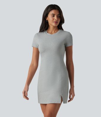 Halara Cotton Jersey - Lässiges Minikleid aus Baumwolle mit Rundhalsausschnitt, kurzen Ärmeln und integriertem BH