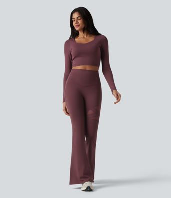 High Waisted Tummy Control Breathable Mesh Flare Casual Leggings with Pocket