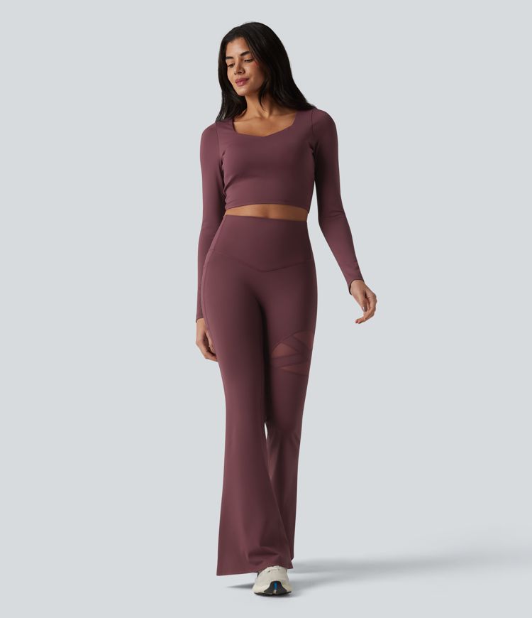 High Waisted Tummy Control Breathable Mesh Flare Casual Leggings with Pocket