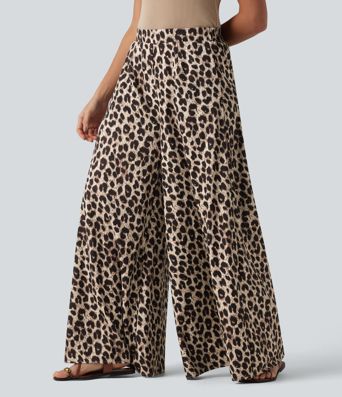 High Waisted Wide Leg Leopard Print Casual Pants with Pockets