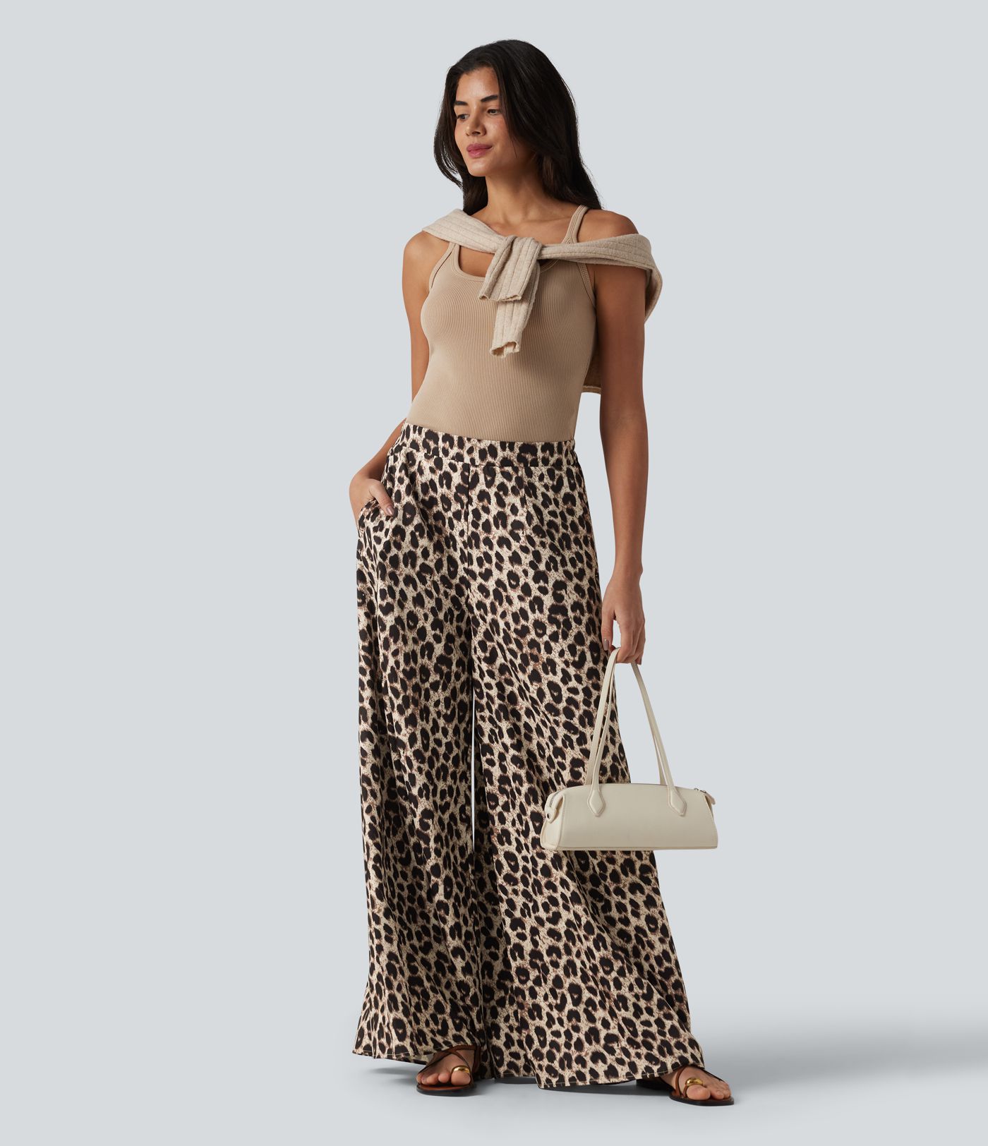 High Waisted Wide Leg Leopard Print Casual Pants with Pockets