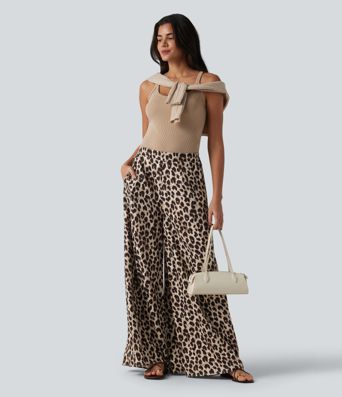 High Waisted Wide Leg Leopard Print Casual Pants with Pockets