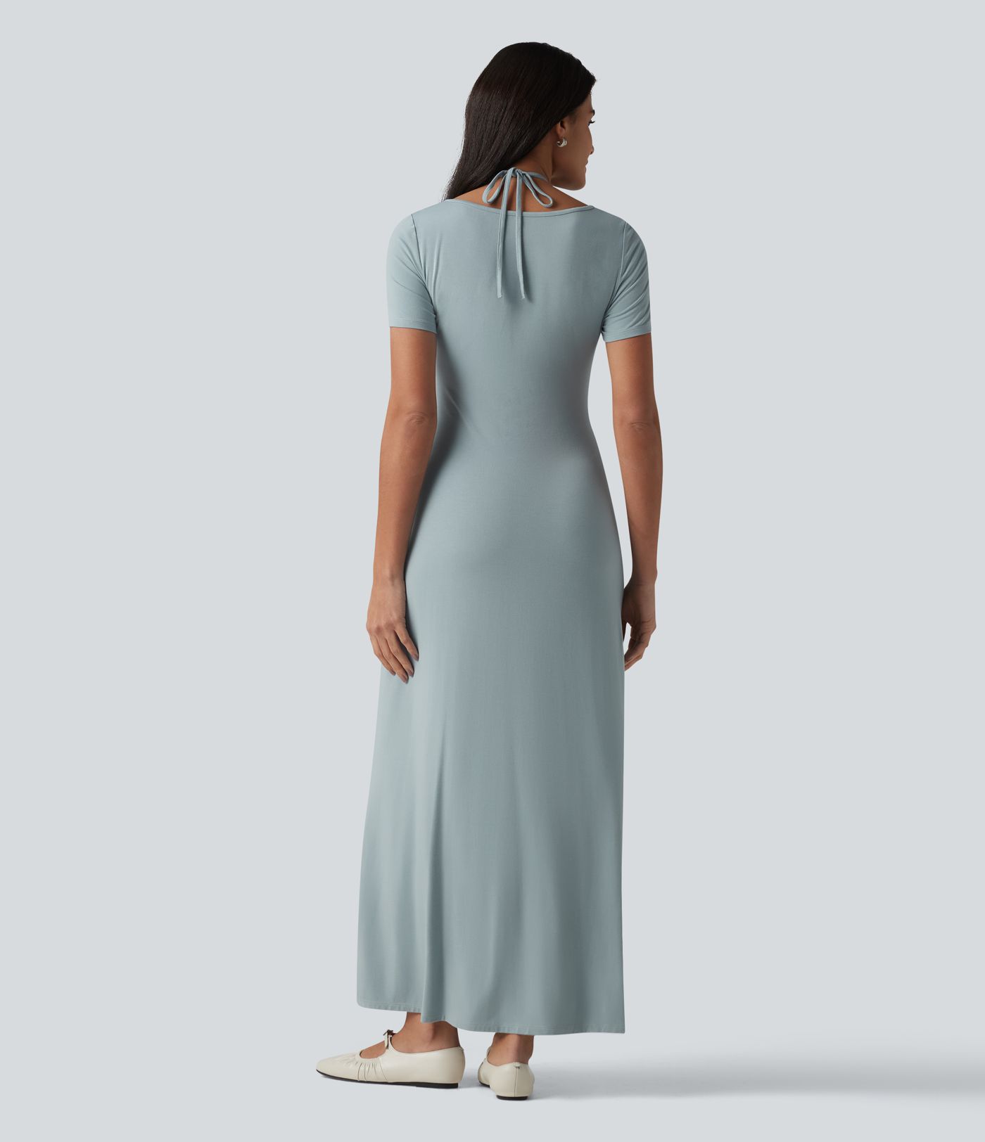 Robe longue casual col V manches courtes avec cordon de serrage et fronces