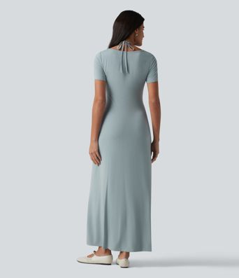 Robe longue casual col V manches courtes avec cordon de serrage et fronces