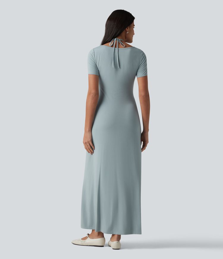 Robe longue casual col V manches courtes avec cordon de serrage et fronces