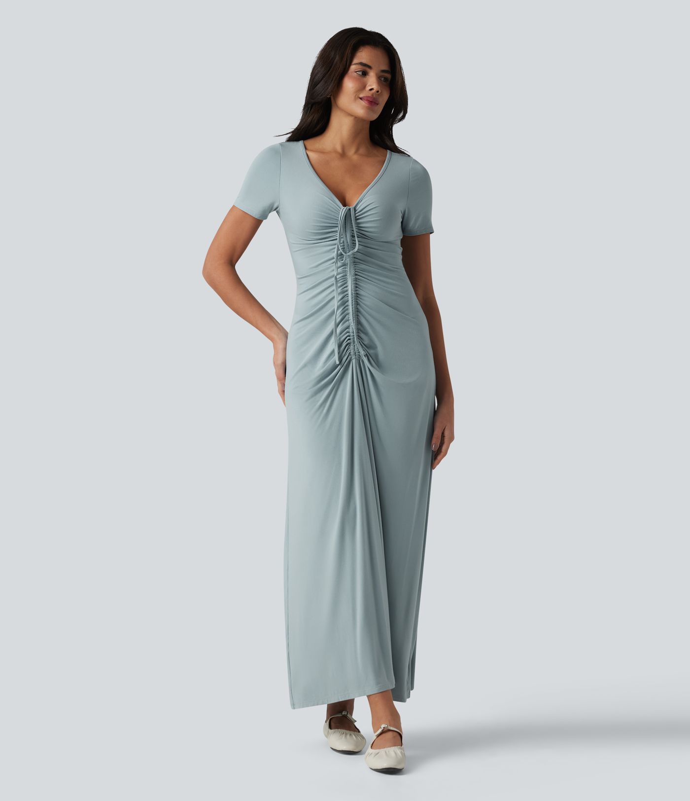 Robe longue casual col V manches courtes avec cordon de serrage et fronces
