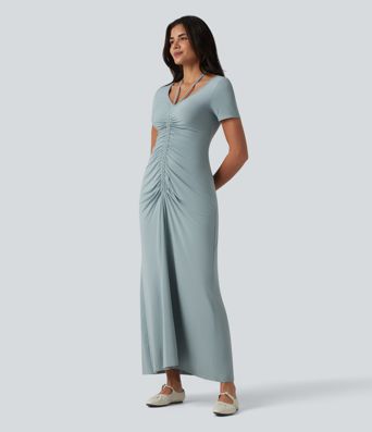 Robe longue casual col V manches courtes avec cordon de serrage et fronces