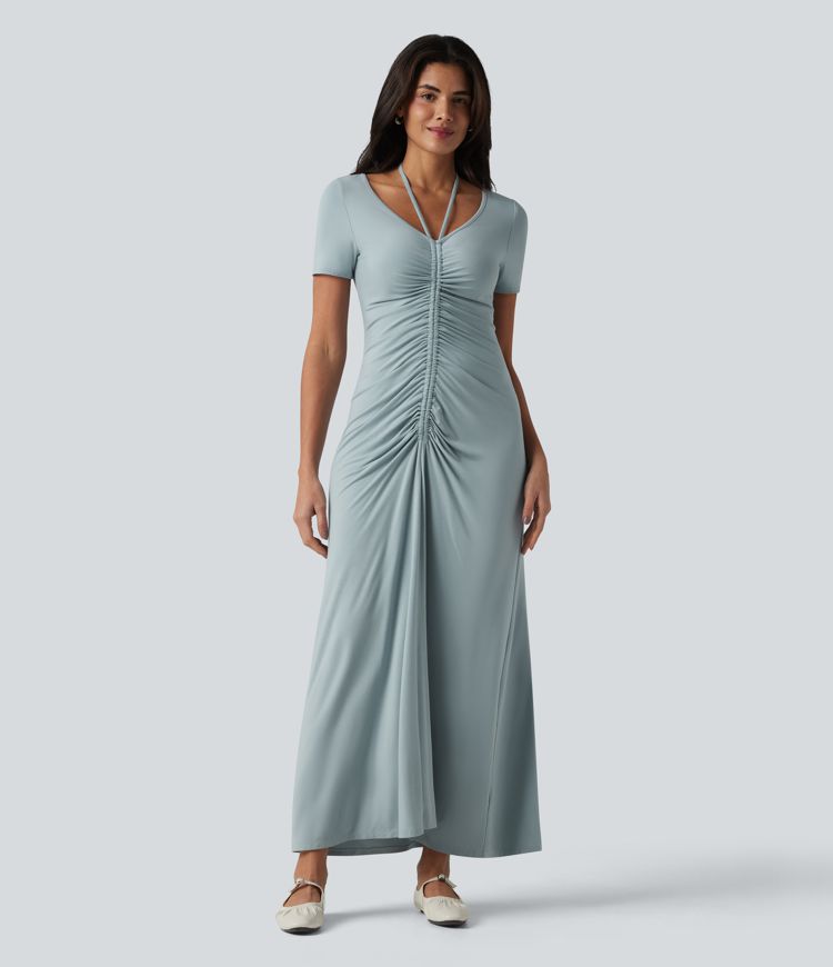 Lässiges, gerafftes Maxikleid mit V-Ausschnitt, kurzen Ärmeln und Kordelzug