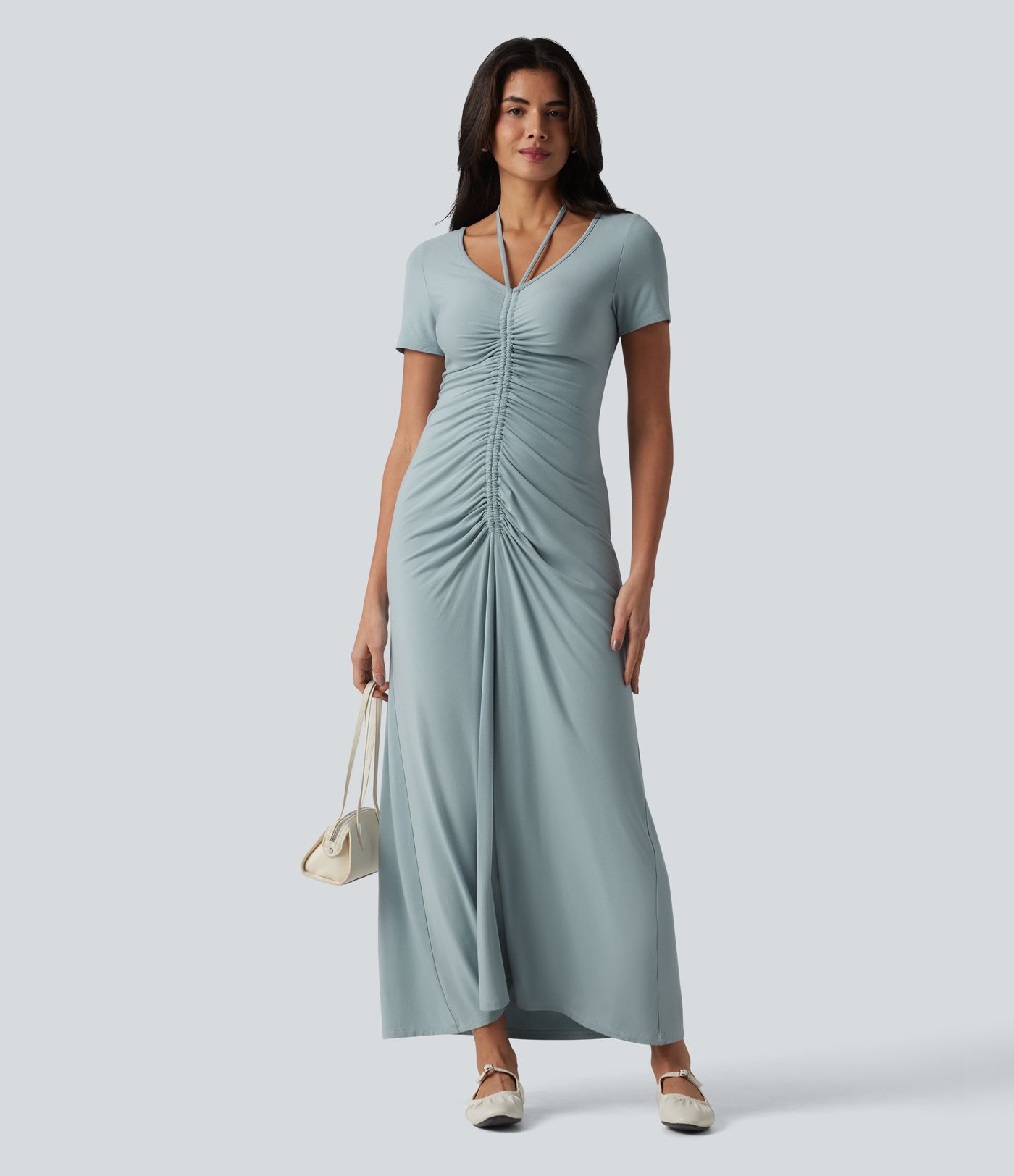 Robe longue casual col V manches courtes avec cordon de serrage et fronces