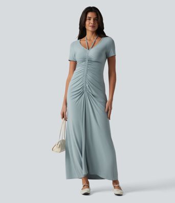 Robe longue casual col V manches courtes avec cordon de serrage et fronces