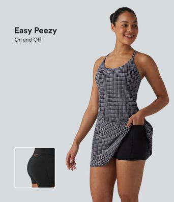 2-in-1 Plaid Crinkle Quick Dry Mini Tennis Active Dress with Pockets-Easy Peezy Edition
