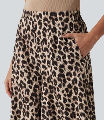 High Waisted Wide Leg Leopard Print Casual Pants with Pockets