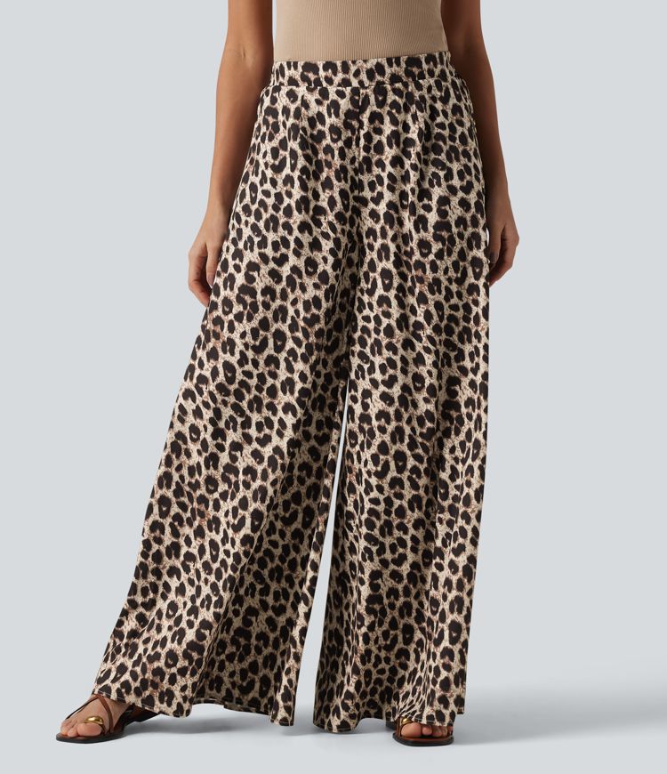 High Waisted Wide Leg Leopard Print Casual Pants with Pockets