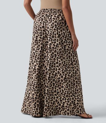 High Waisted Wide Leg Leopard Print Casual Pants with Pockets