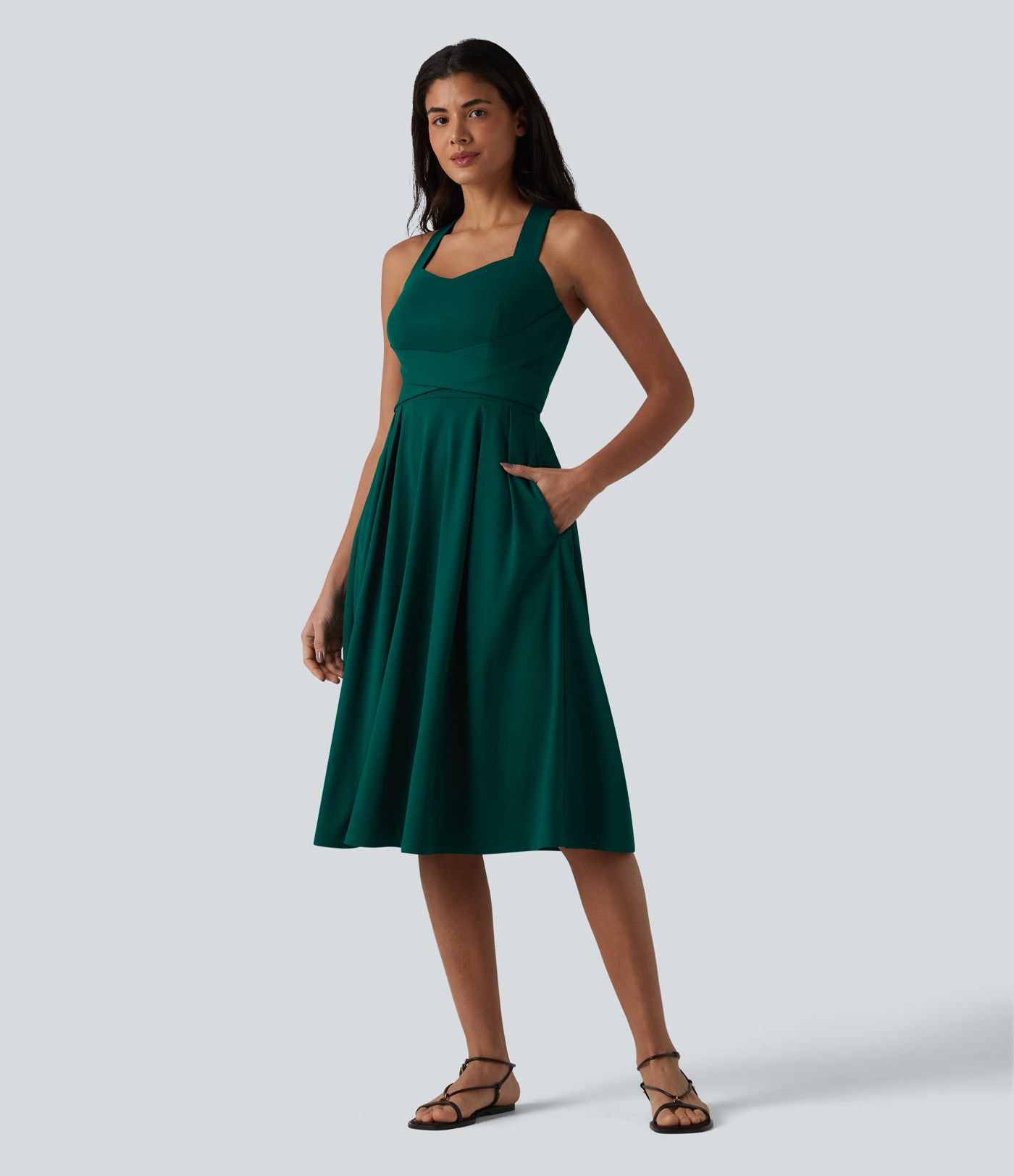 Sweetheart Neck Sleeveless Crisscross Tie-back Midi Casual Flowy Dress with Pockets