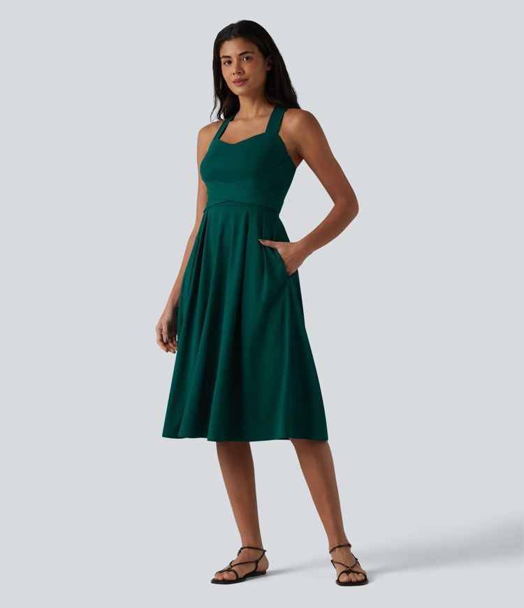 Sweetheart Neck Sleeveless Crisscross Tie-back Midi Casual Flowy Dress with Pockets