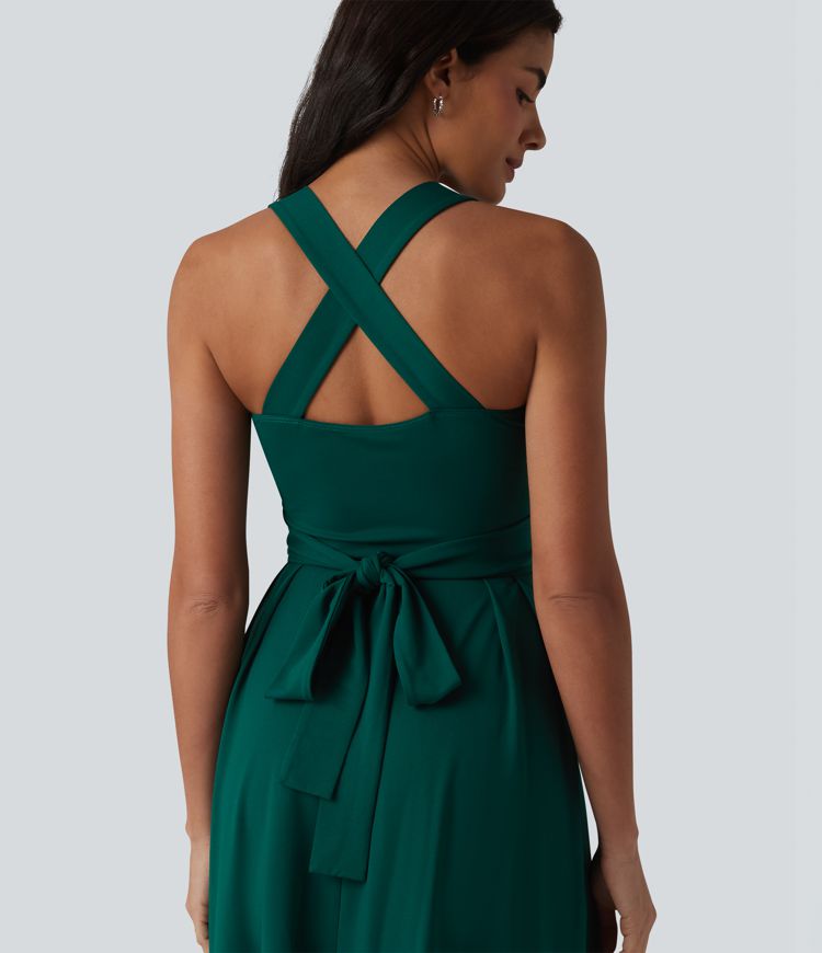 Sweetheart Neck Sleeveless Crisscross Tie-back Midi Casual Flowy Dress with Pockets