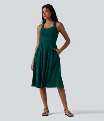 Sweetheart Neck Sleeveless Crisscross Tie-back Midi Casual Flowy Dress with Pockets