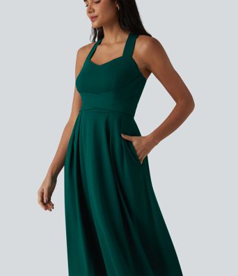 Sweetheart Neck Sleeveless Crisscross Tie-back Midi Casual Flowy Dress with Pockets