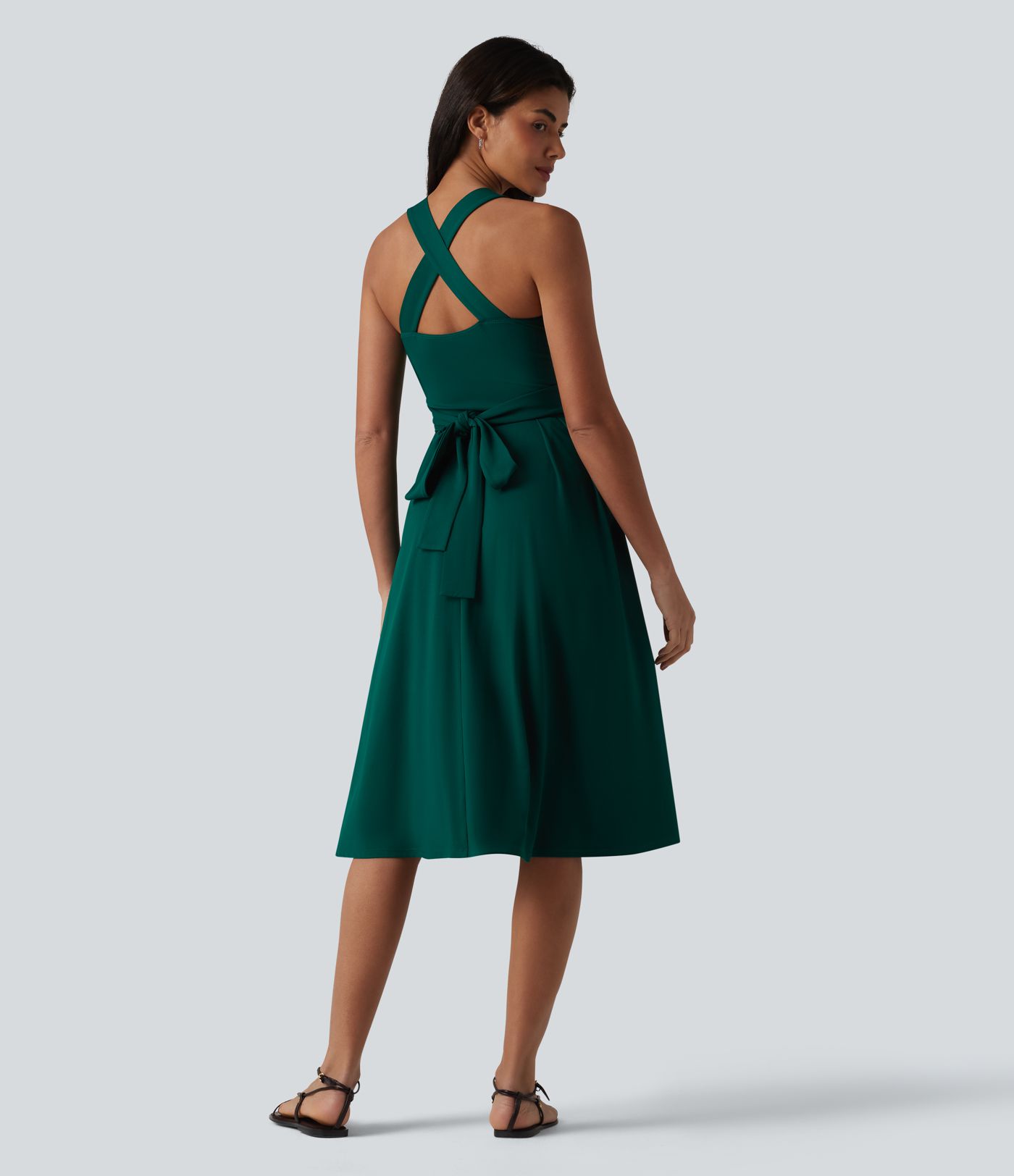 Sweetheart Neck Sleeveless Crisscross Tie-back Midi Casual Flowy Dress with Pockets
