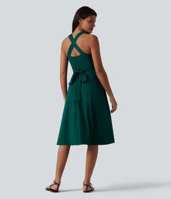 Sweetheart Neck Sleeveless Crisscross Tie-back Midi Casual Flowy Dress with Pockets