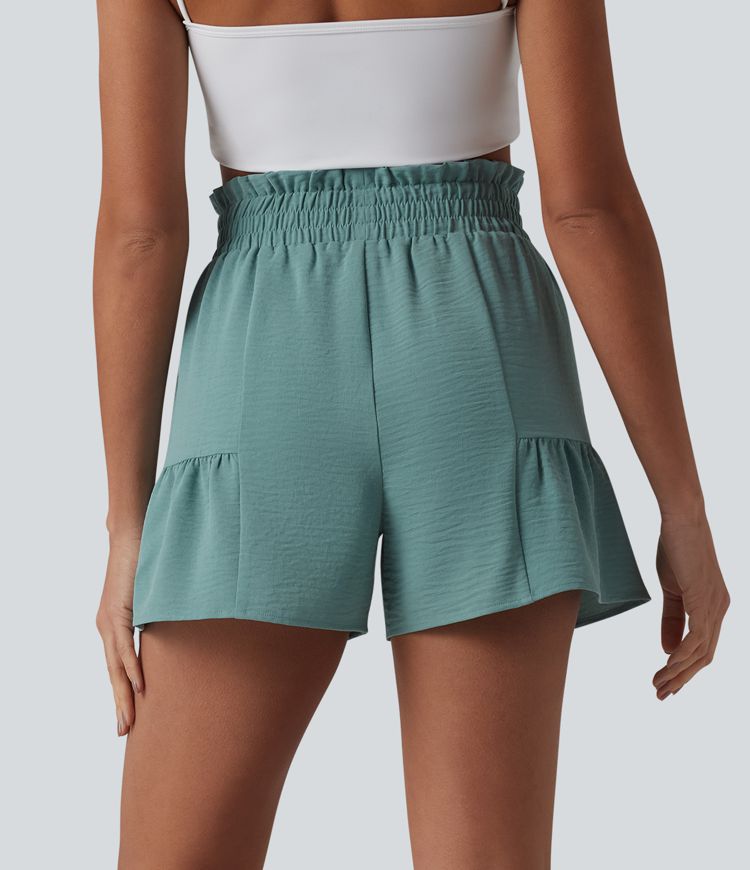 Paperbag High Waisted Tie-front Ruffle Hem Linen-Feel Resort Baggy Shorts with Pockets