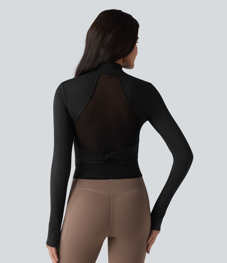 SoftlyZero™ Veste de yoga en peluche, col montant, manches longues avec passe-pouces, dos torsadé, maille respirante et poches