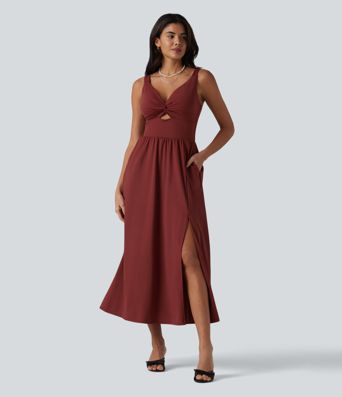 Robe midi SoftlyZero™ Airy effet frais InstantCool sans manches col V avec coques intégrées non amovibles et poches, bonnets E-G Robe midi SoftlyZero™ Airy effet frais InstantCool sans manches col V avec coques intégrées non amovibles et poches, bonnets E-G