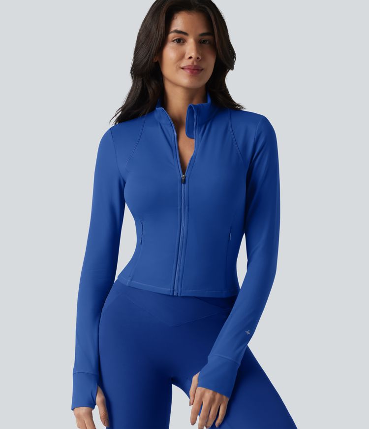 SoftlyZero™ Plush Stand Collar Long Sleeve Thumb Holes Twisted Back Breathable Mesh Yoga Jacket with Pockets