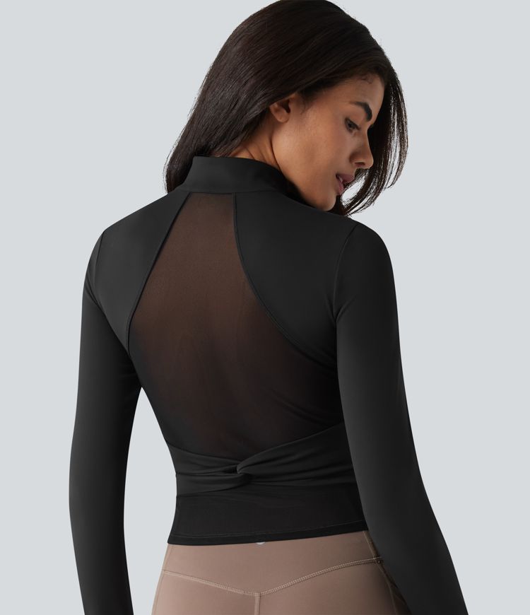 SoftlyZero™ Veste de yoga en peluche, col montant, manches longues avec passe-pouces, dos torsadé, maille respirante et poches