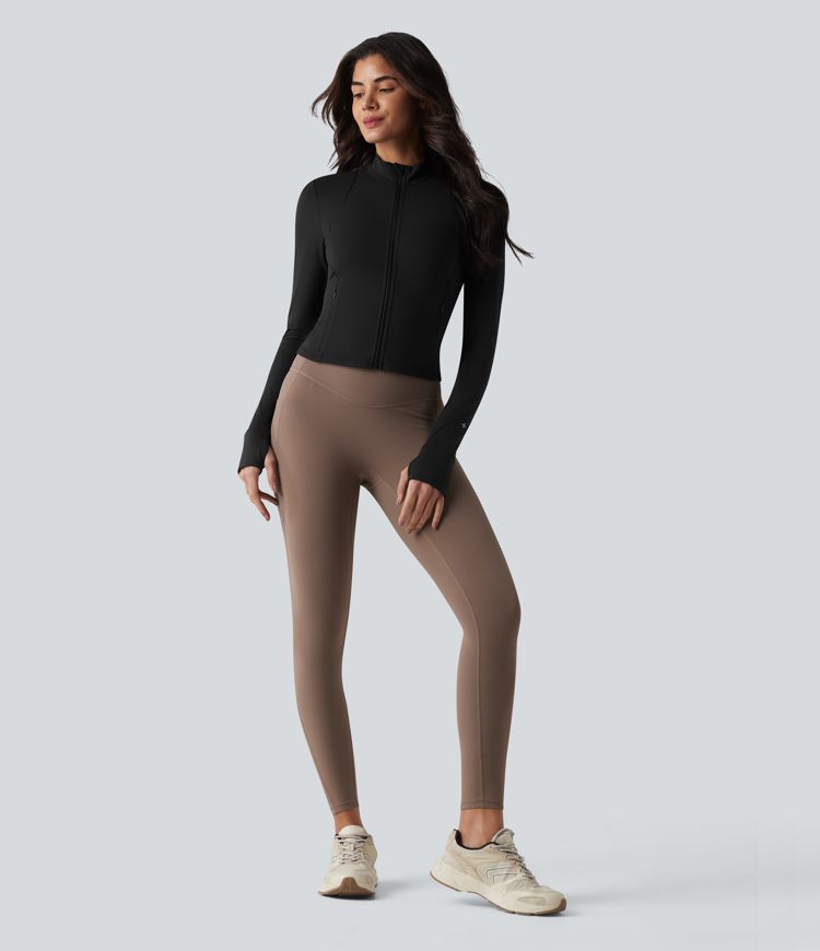 SoftlyZero™ Veste de yoga en peluche, col montant, manches longues avec passe-pouces, dos torsadé, maille respirante et poches