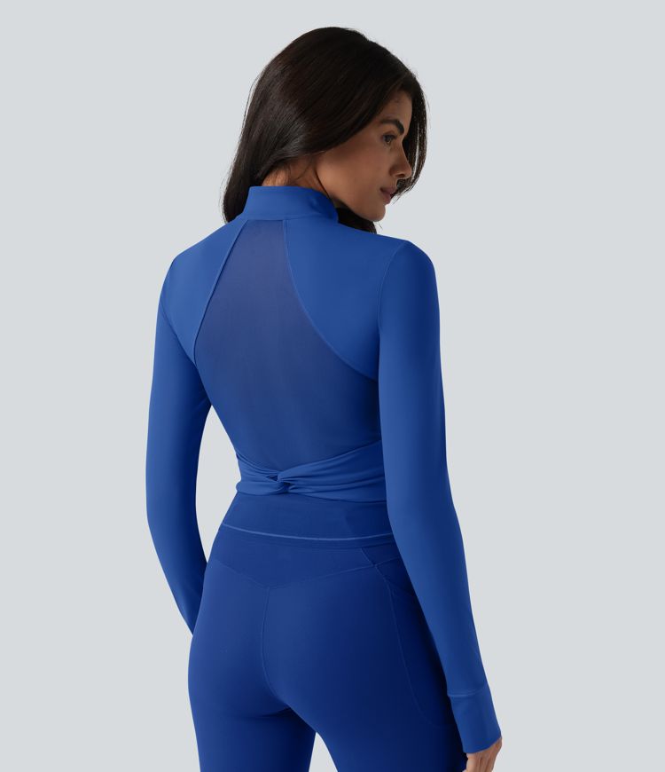 SoftlyZero™ Plush Stand Collar Long Sleeve Thumb Holes Twisted Back Breathable Mesh Yoga Jacket with Pockets