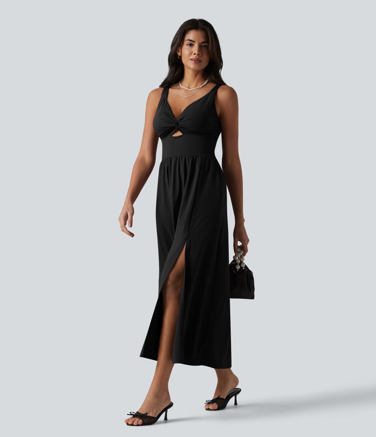 SoftlyZero™ Airy V Neck Non-Removable Pad Sleeveless Cool Touch Midi Dress with Pockets D-F