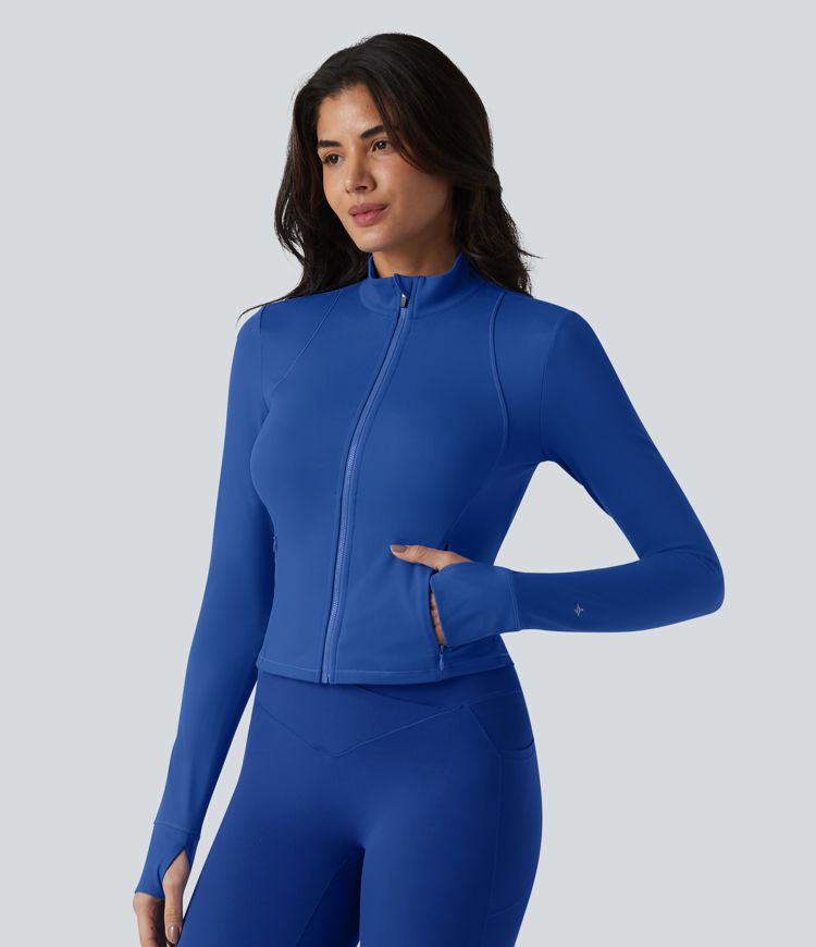 SoftlyZero™ Plush Stand Collar Long Sleeve Thumb Holes Twisted Back Breathable Mesh Yoga Jacket with Pockets