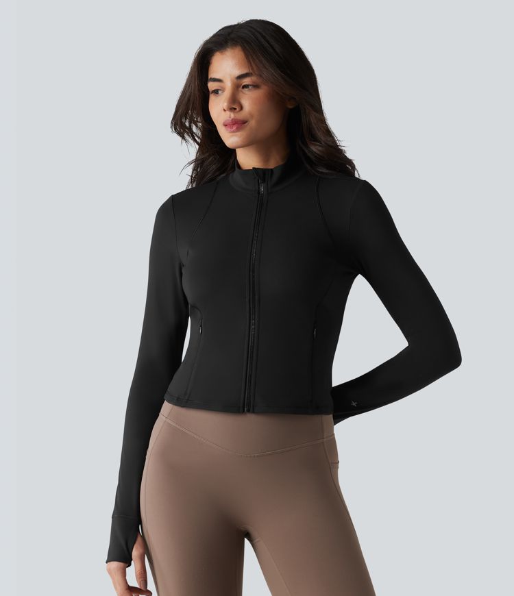 SoftlyZero™ Veste de yoga en peluche, col montant, manches longues avec passe-pouces, dos torsadé, maille respirante et poches