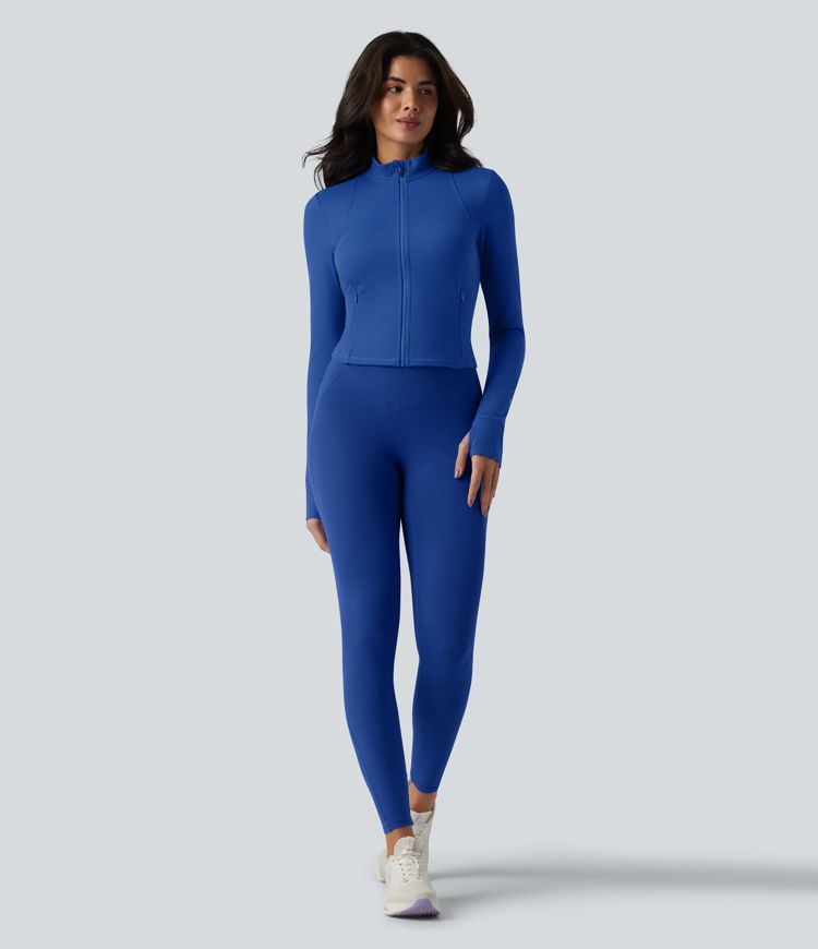 SoftlyZero™ Plush Stand Collar Long Sleeve Thumb Holes Twisted Back Breathable Mesh Yoga Jacket with Pockets