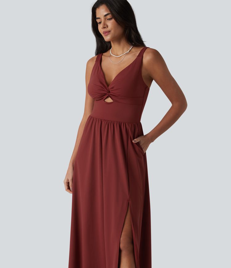 SoftlyZero™ Airy V-Ausschnitt ärmelloses Midikleid mit nicht herausnehmbarem Polster, kühler Oberfläche und Taschen D-F