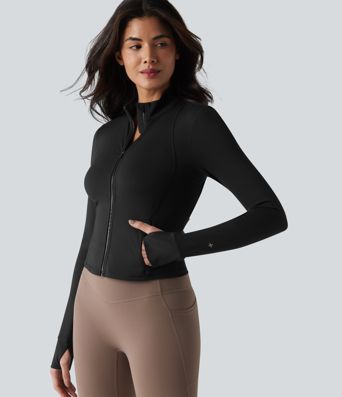 SoftlyZero™ Veste de yoga en peluche, col montant, manches longues avec passe-pouces, dos torsadé, maille respirante et poches