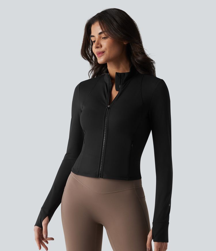 SoftlyZero™ Veste de yoga en peluche, col montant, manches longues avec passe-pouces, dos torsadé, maille respirante et poches