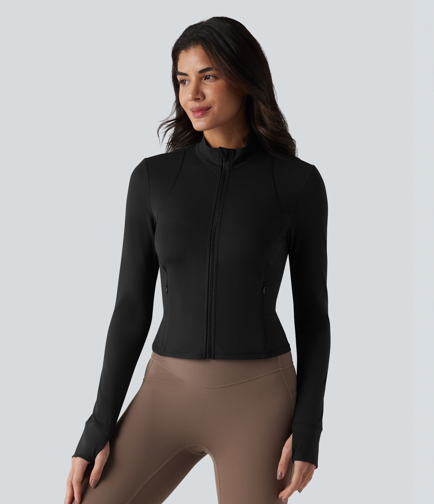 SoftlyZero™ Veste de yoga en peluche, col montant, manches longues avec passe-pouces, dos torsadé, maille respirante et poches