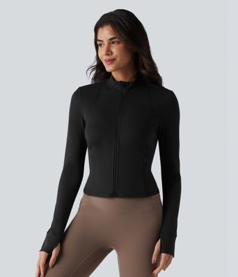 SoftlyZero™ Veste de yoga en peluche, col montant, manches longues avec passe-pouces, dos torsadé, maille respirante et poches