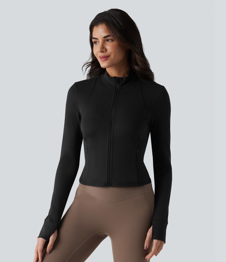SoftlyZero™ Veste de yoga en peluche, col montant, manches longues avec passe-pouces, dos torsadé, maille respirante et poches